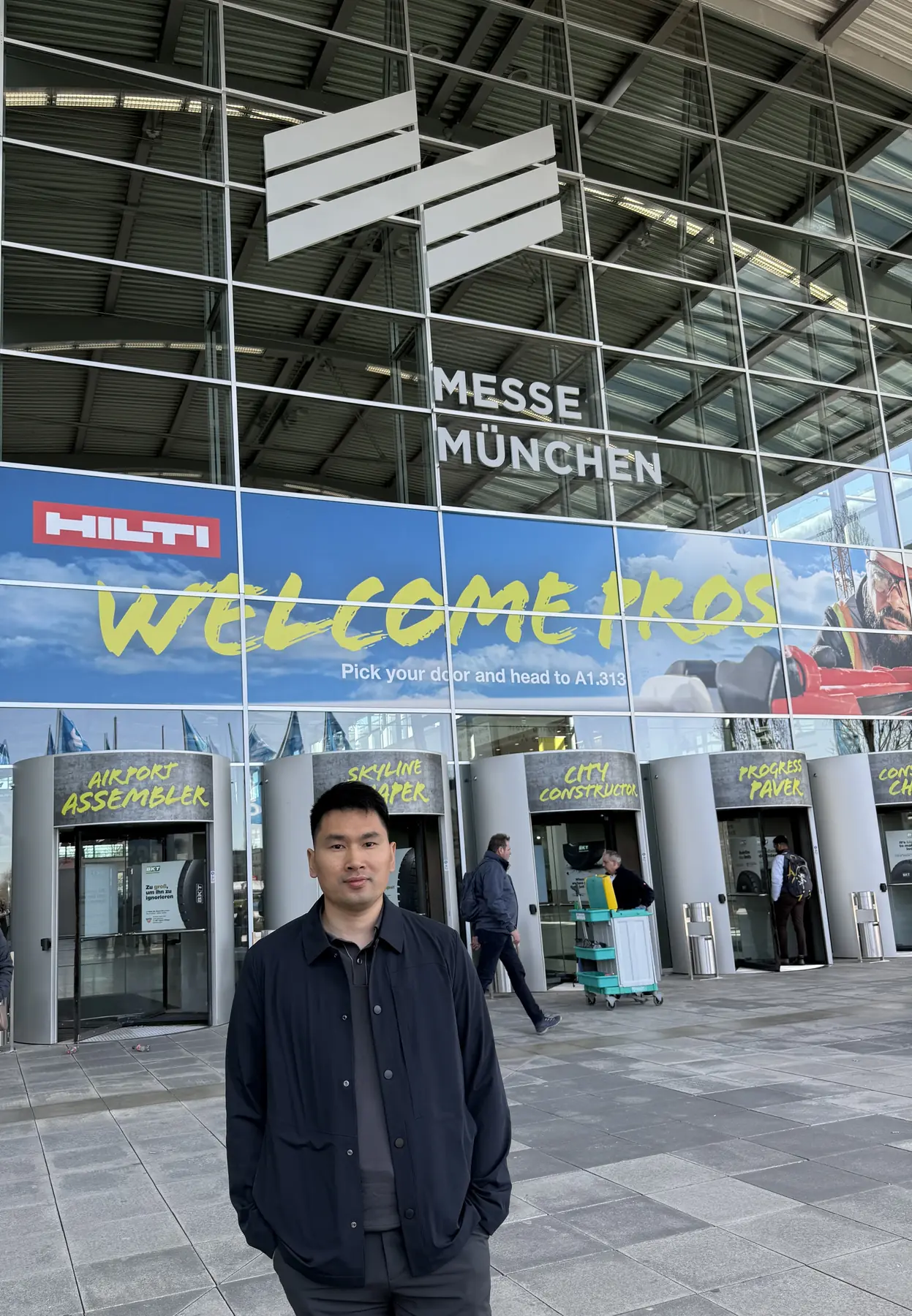 At the Messe München entrance during the April 2025 bauma visit.
