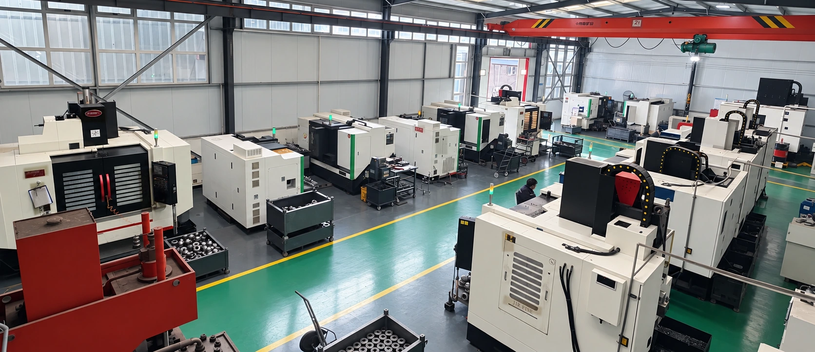 Roller-bit machining workshop with a central production aisle