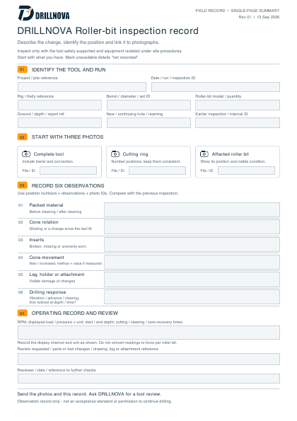 Preview of the one-page DRILLNOVA roller-bit inspection record